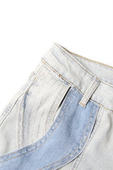 Sparkly Rhinestone Bicolor Cutout Spiral High Waist Straight Leg Hybrid Jeans