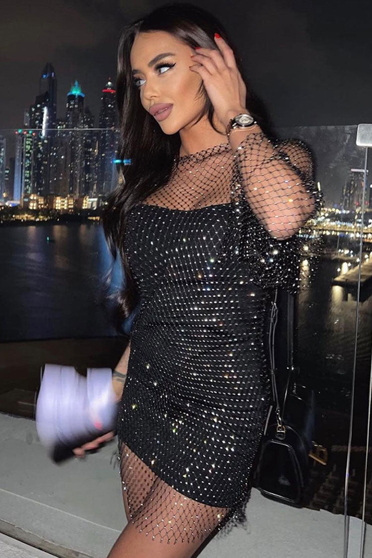 Sparkly Rhinestone Long Sleeve Fishnet Sheer Club Mini Dress