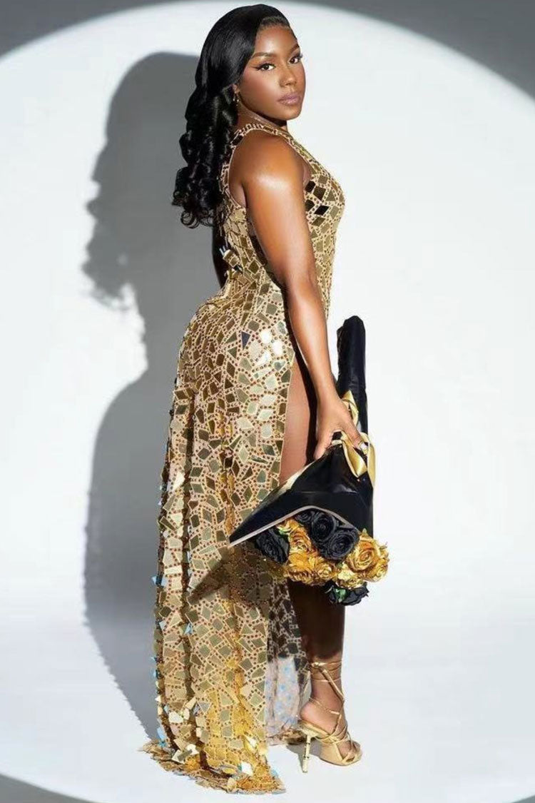 Sparkly Rhinestone Mirror Sequin Thigh Split Sheer Mesh Club Maxi Dress - Gold