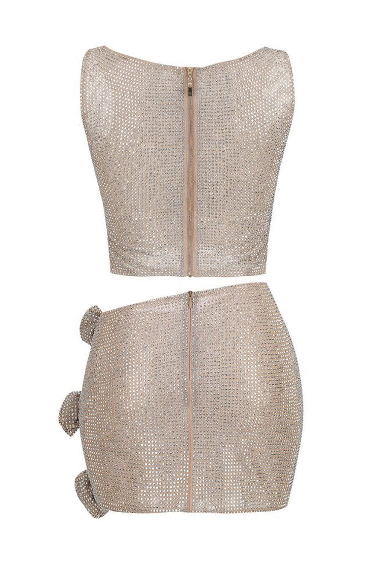 Sparkly Rhinestone Rosette Cutout Mesh Top Mini Skirt Two Piece Dress - Silver