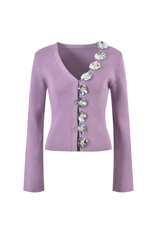 Sparkly Rosette V Neck Long Sleeve Cinched Waist Ribbed Knit Cardigan