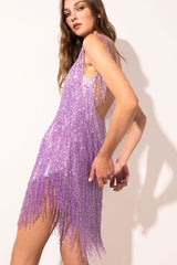 Sparkly Scoop Neck Sleeveless Gatsby Fringe Flapper Party Mini Dress - Violet