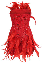 Sparkly Sequin Faux Feather Bodycon Strapless Party Mini Dress - Red