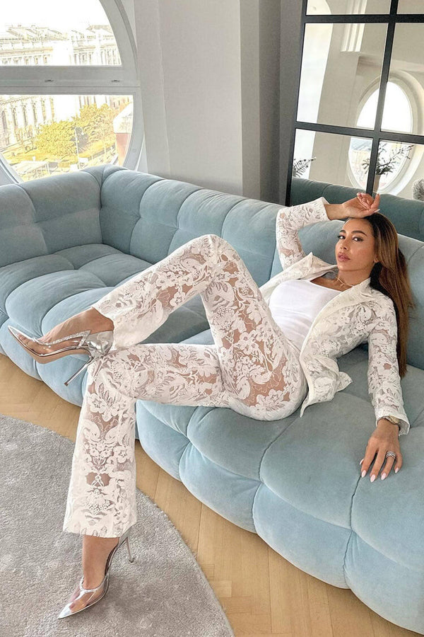 Sparkly Sequin Floral Embroidered Flared Pants Two Piece Sheer Blazer Set