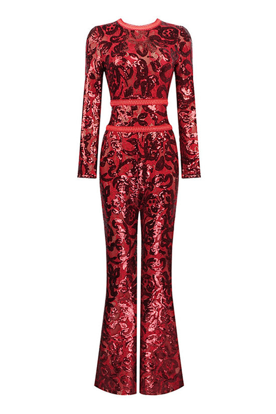 Sparkly Sequin Floral Round Neck Long Sleeve Belted Flare Lace Jumpsui Rosedress