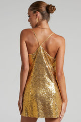 Sparkly V Neck Spaghetti Strap A Line Sequin Party Mini Dress - Gold