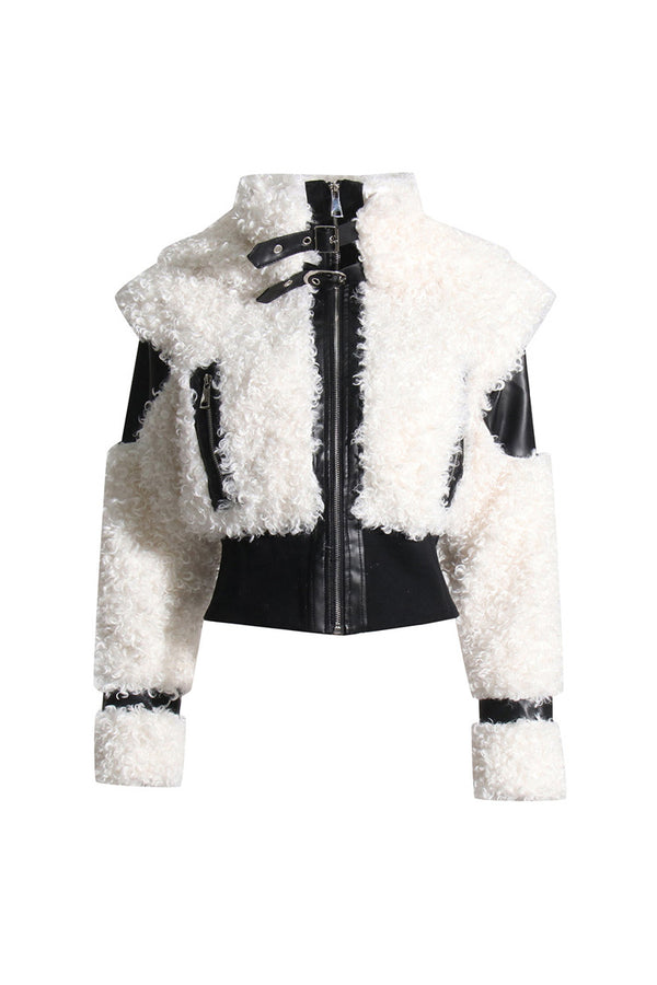 Street Leather Panel High Neck Zip Up Faux Shearling Bomber Jacket