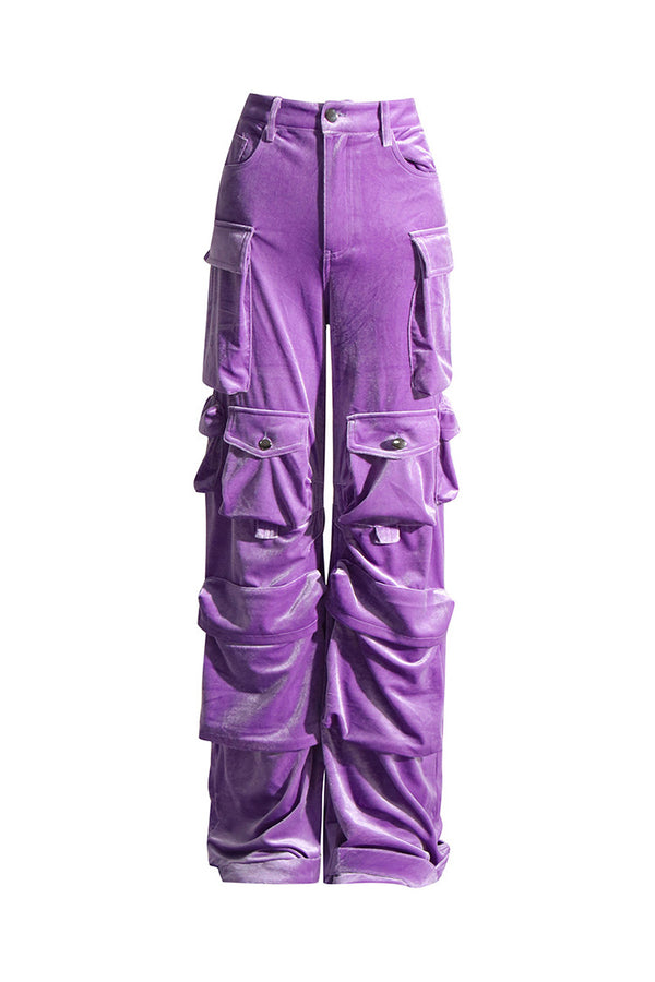 Street Style Solid Color Cargo Pocket Low Rise Wide Leg Velvet Pants