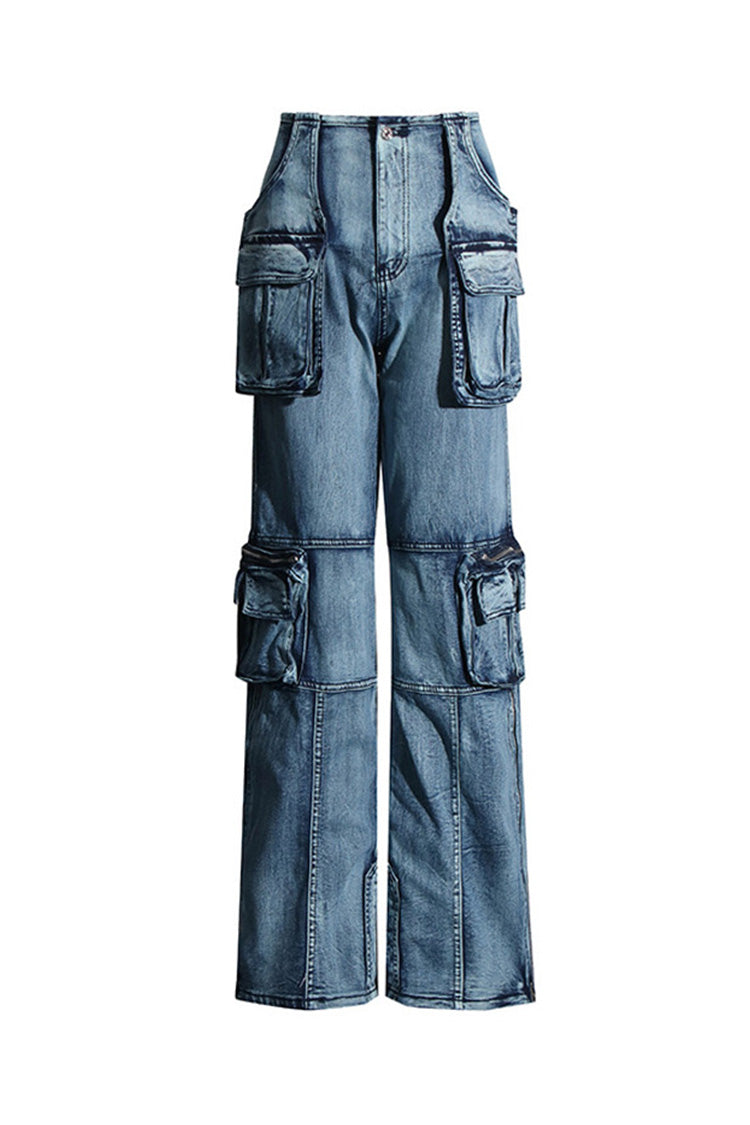 Unique Distressed Trim Cargo Pocket High Waist Full Length Straight Jeans