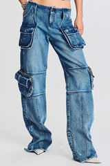 Unique Distressed Trim Cargo Pocket High Waist Full Length Straight Jeans