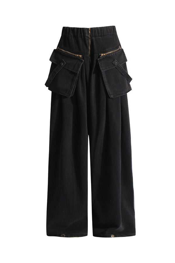 Versatile High Rise Exposed Zipper Wide Leg Full Length Ruched Cargo Jeans