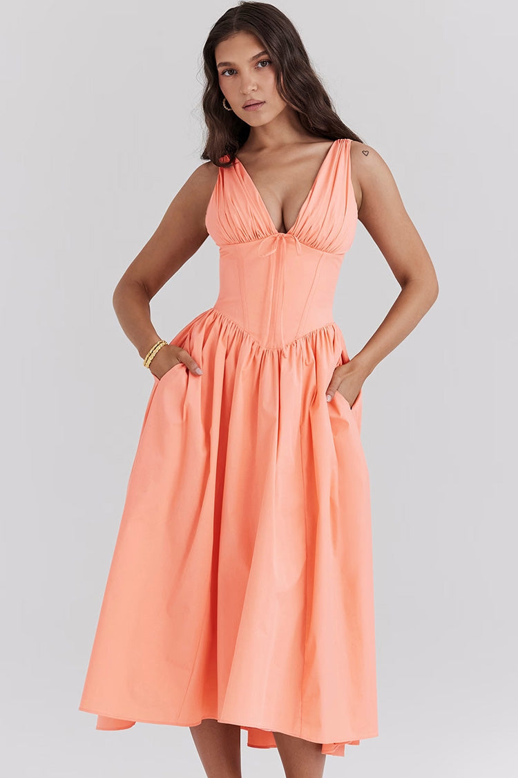 Vibrant Bow Tie Deep V Ruched Drop Waist Pocketed Corset