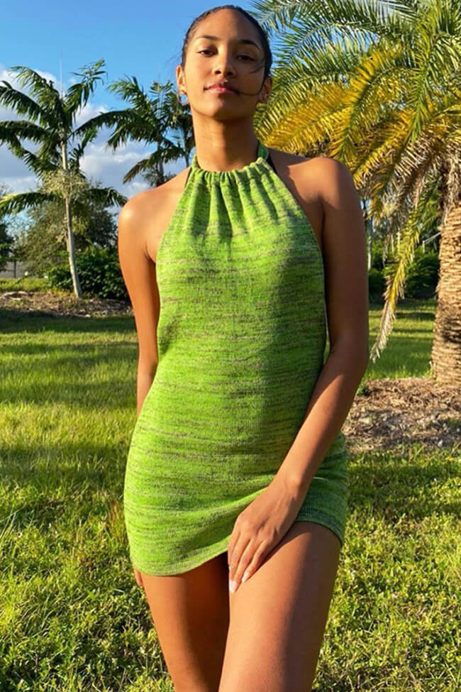 Backless Halter Sweater Mini Beach Vacation Dress - Green – Rosedress