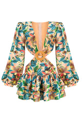 Boho Style Long Sleeve Cutout Tiered Beach Vacation Dress - Floral