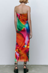 Sexy Bold Abstract Printed Summer Strapless Mesh Maxi Dress - Multicolor
