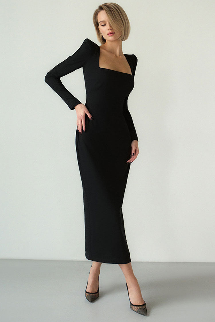 Chic Square Neck Padded Long Sleeve Cocktail Party Midi Dress - Black –  Rosedress