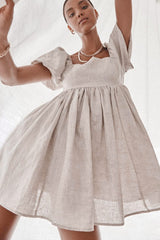 Cute Puff Sleeve Square Neck Blend Linen Babydoll Mini Dress - Khaki