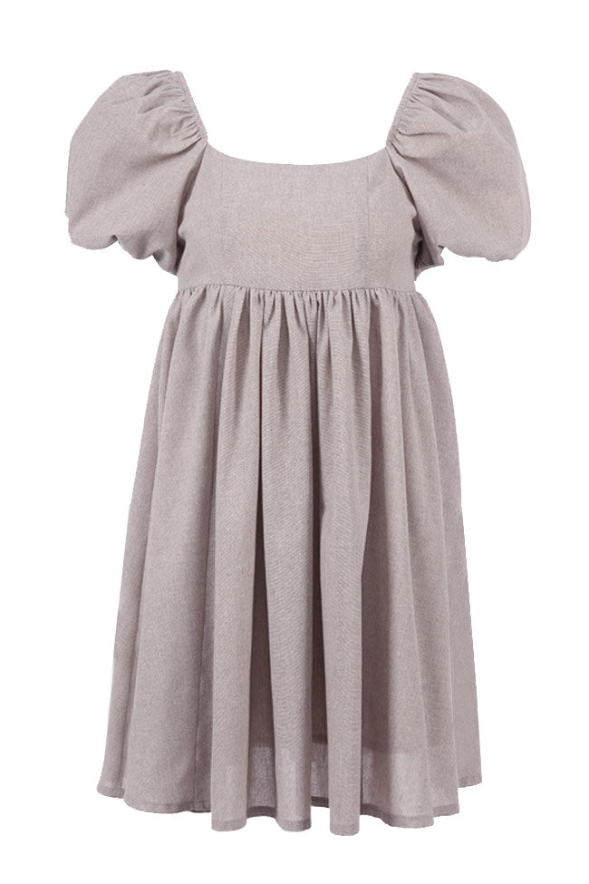 Cute Puff Sleeve Square Neck Blend Linen Babydoll Mini Dress - Khaki