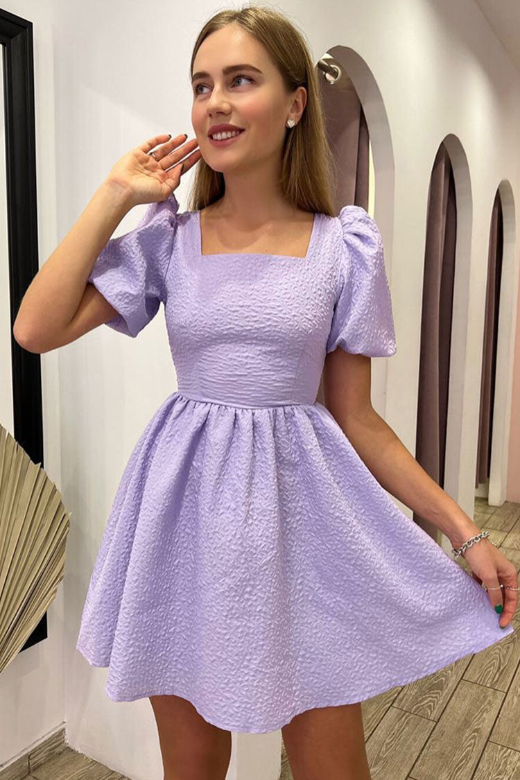 Cute Square Neck Puff Sleeve Lace Up Back Seersucker Skater Mini Dress –  Rosedress