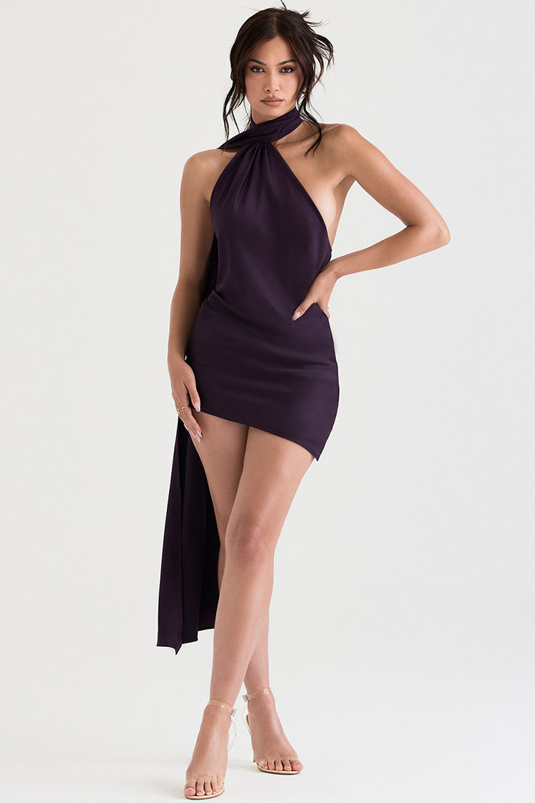 Elegant Draped Backless Wrap Halter Tie Satin Mini Dress - Purple –  Rosedress