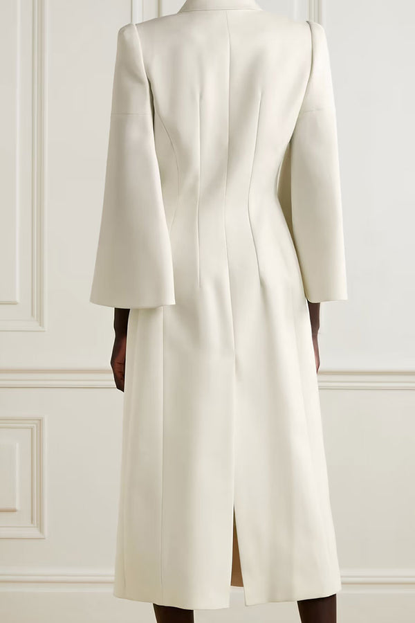 Elegant Lapel Collar Bell Sleeve Double Breasted Tailored Blazer Midi Dress - White