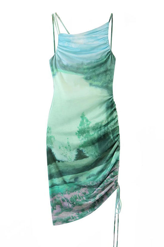 Elegant Sleeveless Drawstring Ruched Printed Midi Dress - Green