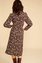 Floral Print Long Sleeve Button Up French Shirt Midi Dress - Coffee