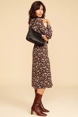 Floral Print Long Sleeve Button Up French Shirt Midi Dress - Coffee
