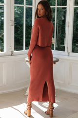 High Waist Rib Long Sleeve Winter Sweater Two Piece Dress - Orange Red