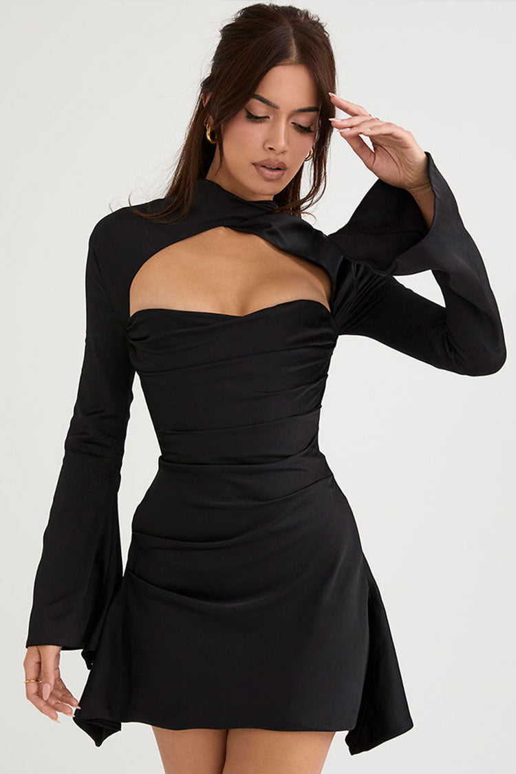 Satin like bell sleeve mini little black dress - Dresses