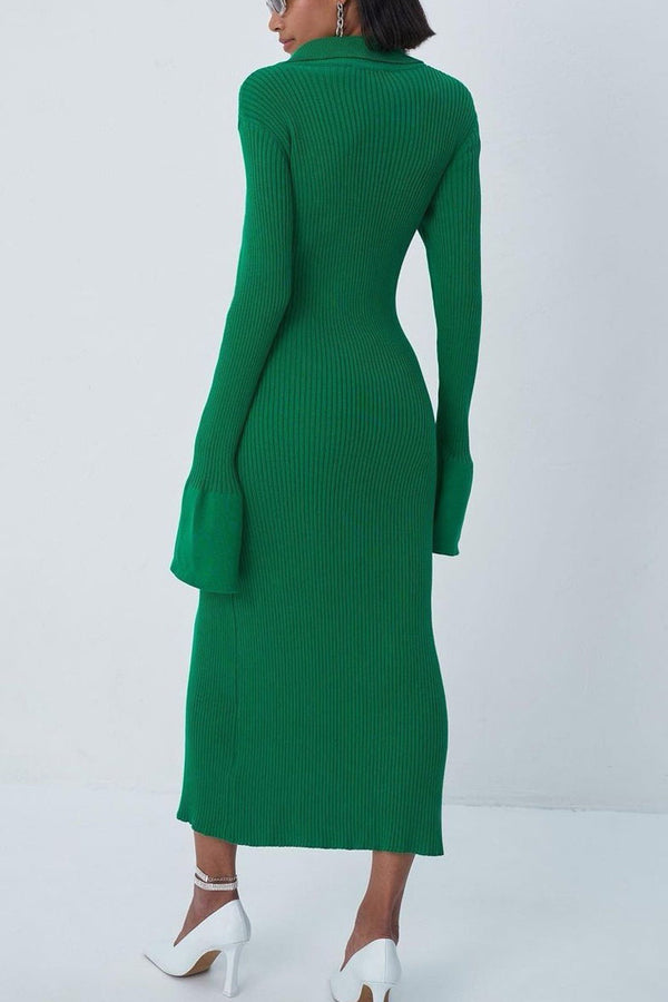 Long Sleeve Button Down Winter Sweater Maxi Dress - Emerald Green