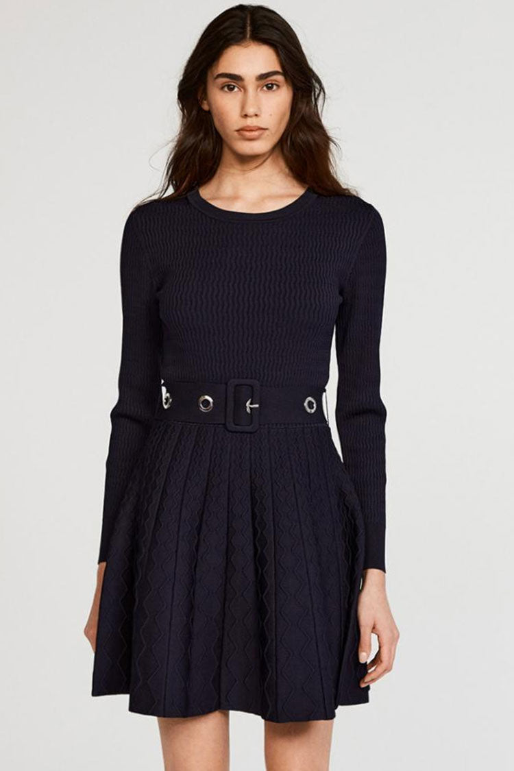 Navy blue skater dress with sleeves hot sale
