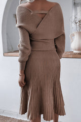 Metallic Lurex Rib Knit Off Shoulder Sweater Two Piece Midi Dress - Coffee