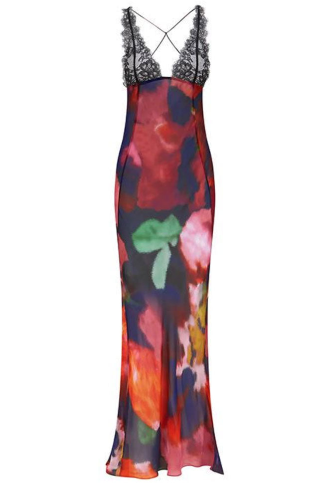 Sexy Deep V Printed Lace Chiffon Sheer Fishtail Slip Maxi Dress - Multicolor