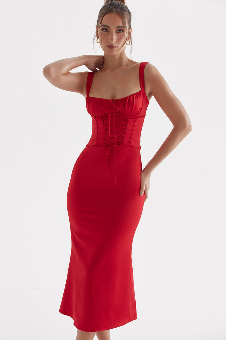 Letitia | Red Halter Neck Ruched Bodycon Midi Dress US 12 / Red
