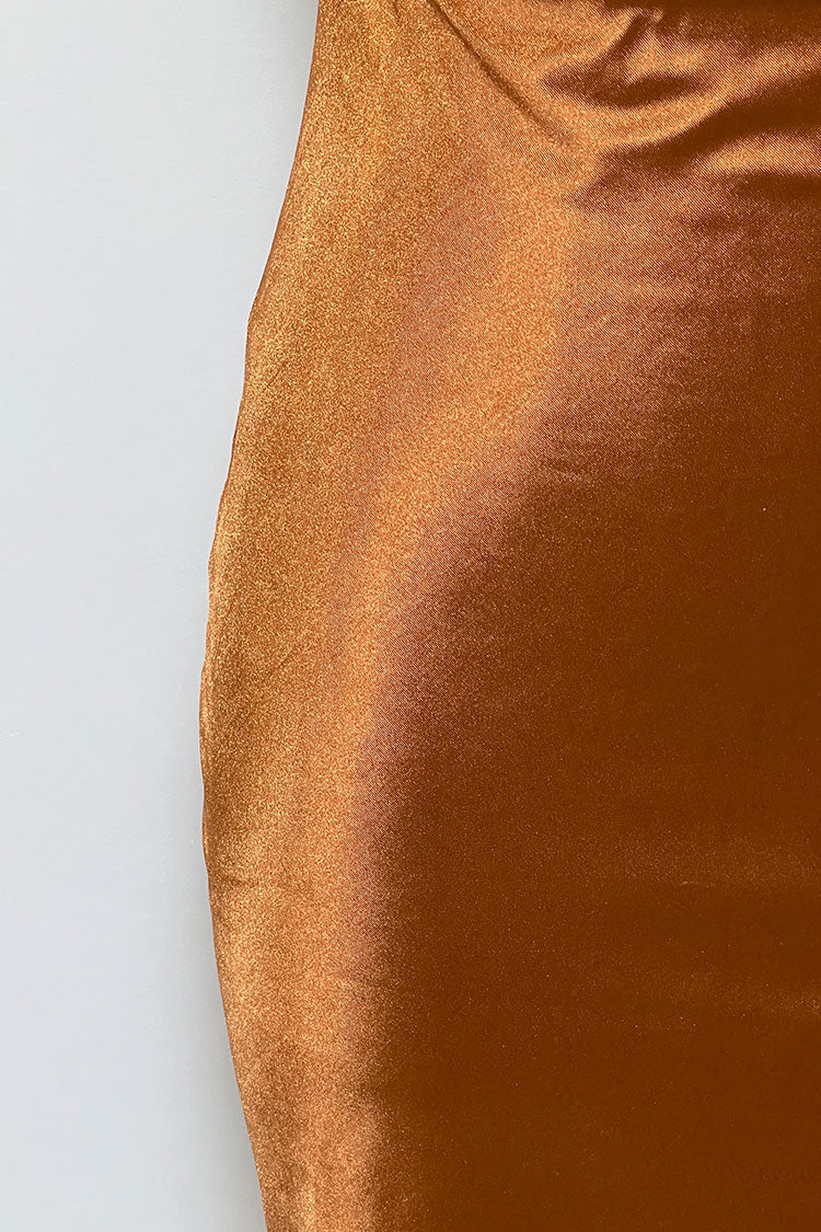 Silky Cowl Neck Spaghetti Strap Side Slit Satin Slip Midi Dress - Rust