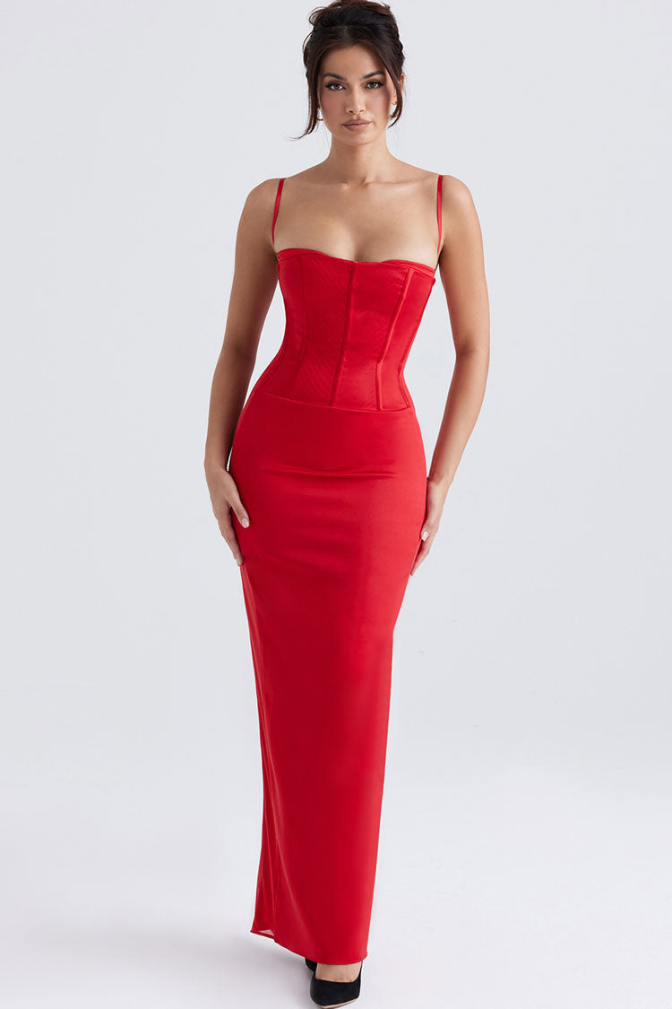 Silky Spaghetti Strap Sleeveless Corset Satin Evening Maxi Dress - Red –  Rosedress