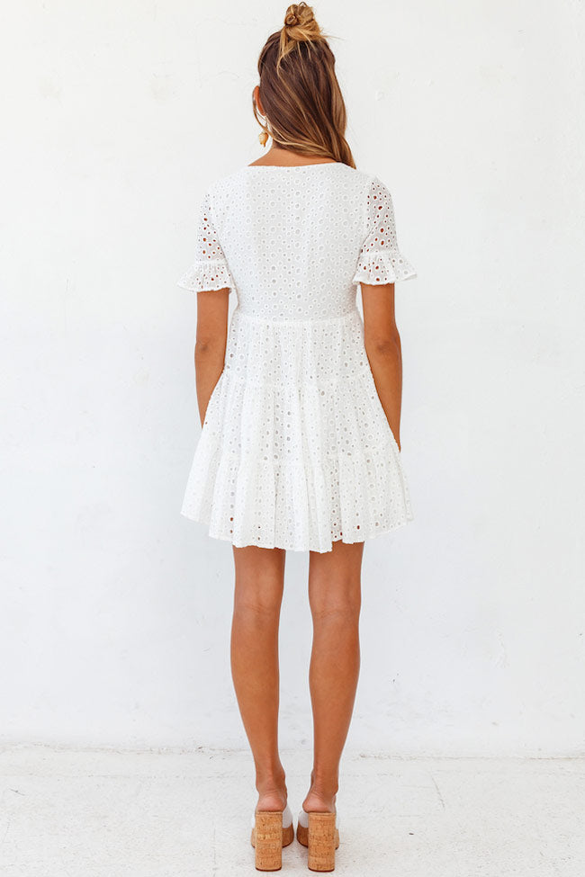 Sweet Broderie Anglaise V Neck Mini Babydoll Dress - White
