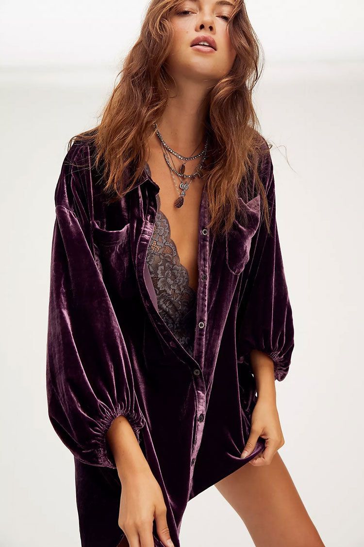 Vintage Bishop Sleeve Button Up Velvet High Low Shirt Dress Purple Rosedress