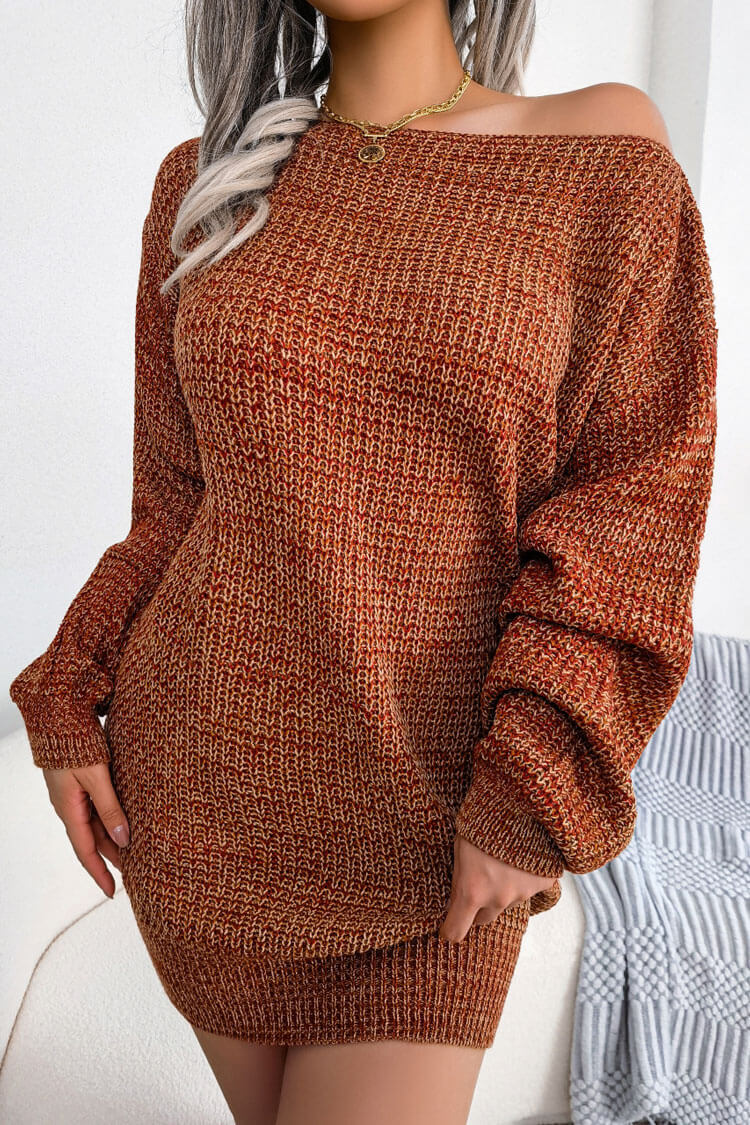 Vintage Boat Neck Long Sleeve Marled Knit Sweater Mini Dress Coffee Rosedress
