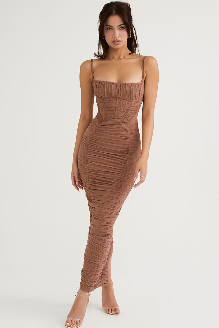Vintage Square Neck Spaghetti Strap Ruched Bodycon Maxi Dress - Coffee –  Rosedress