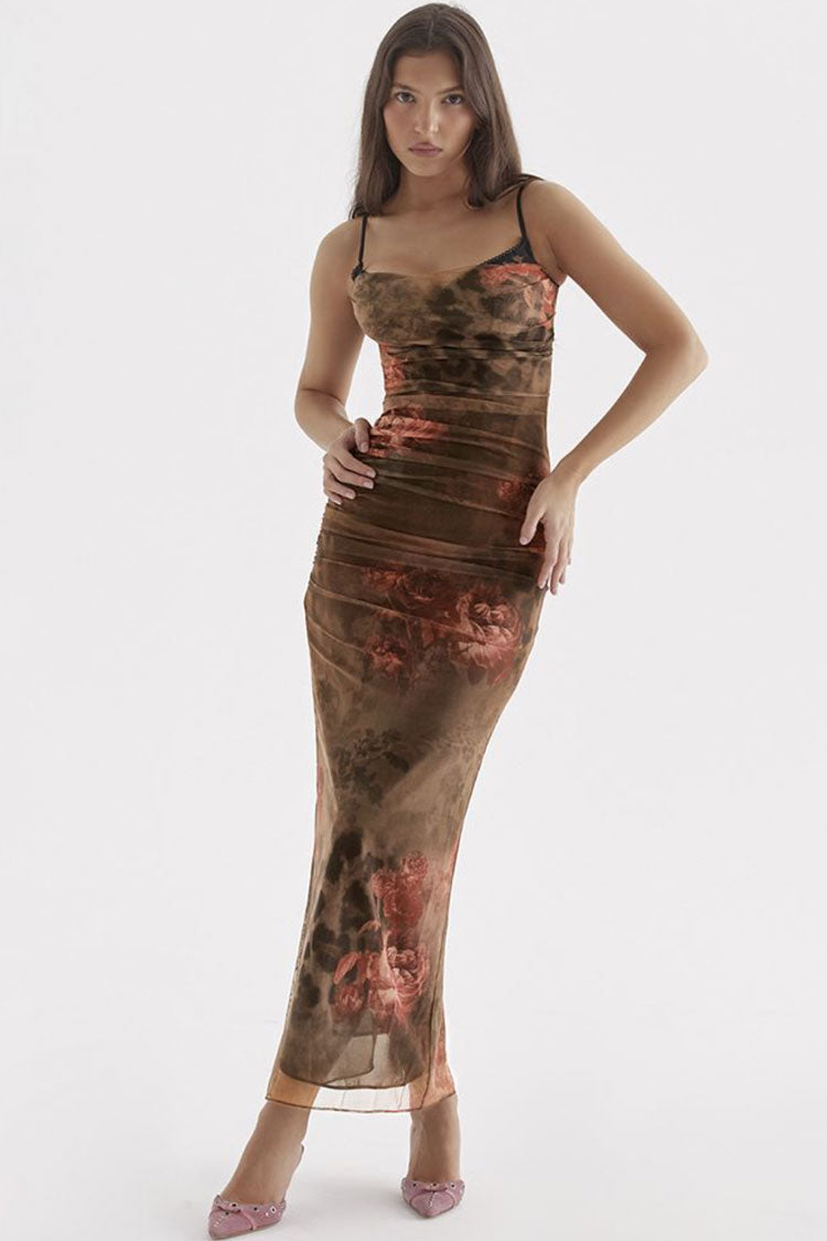 Printed mesh top maxi dress