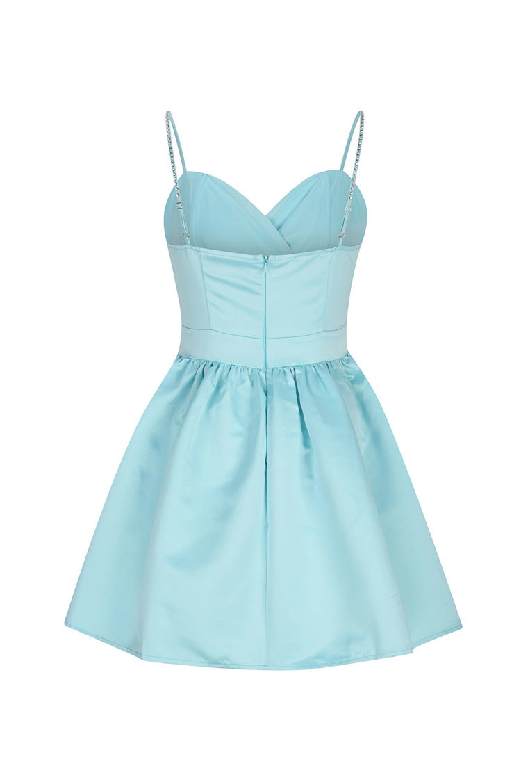 Silky Sweetheart Spaghetti Strap Pleated Satin Skater Mini Dress - Teal