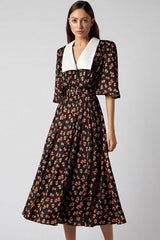 French Spread Collar Short Sleeve Button Down Floral Midi Dress - Black