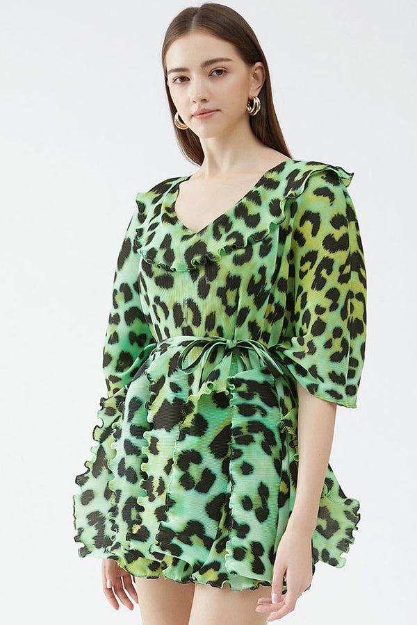 Classy V Neck Half Sleeve Leopard Print Pleated Ruffle Mini Dress - Green