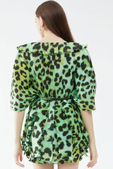 Classy V Neck Half Sleeve Leopard Print Pleated Ruffle Mini Dress - Green
