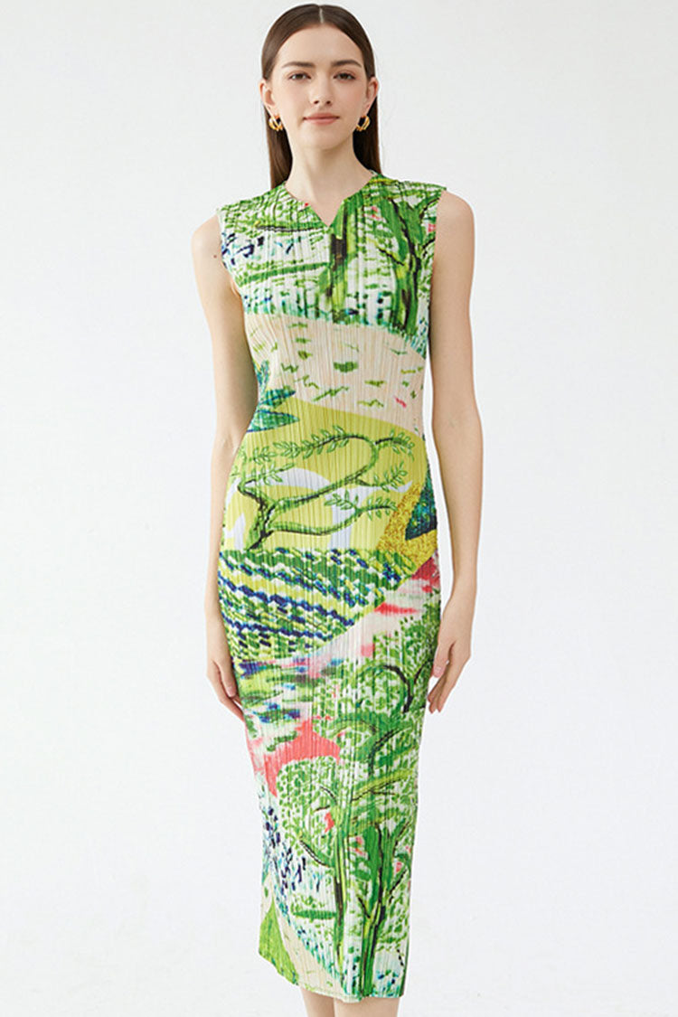 Classy V Neck Landscape Print Sleeveless Pleated Midi Dress - Green