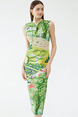 Classy V Neck Landscape Print Sleeveless Pleated Midi Dress - Green