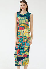 Artistic Print Crew Neck Sleeveless Pleated Bodycon Midi Dress - Green