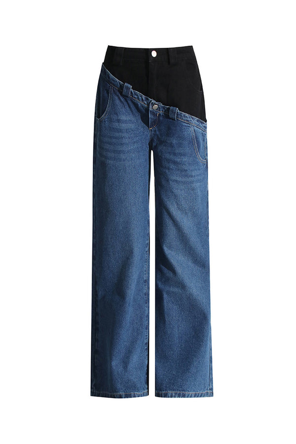 Asymmetric Bicolor Double Waist High Rise Full Length Wide Leg Hybrid Jeans